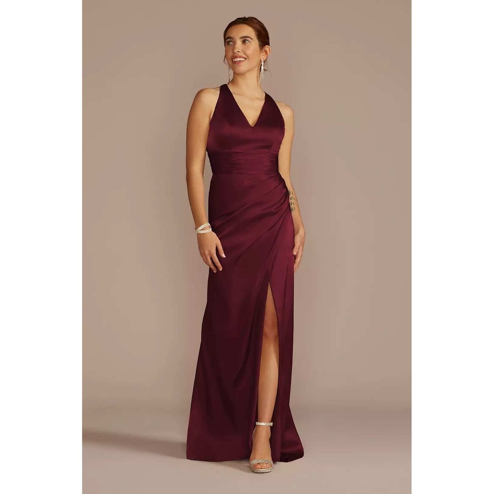 Galina Signature Wine Satin V-Neck Criss-Cross Back Formal Gown Dress SWG821 0